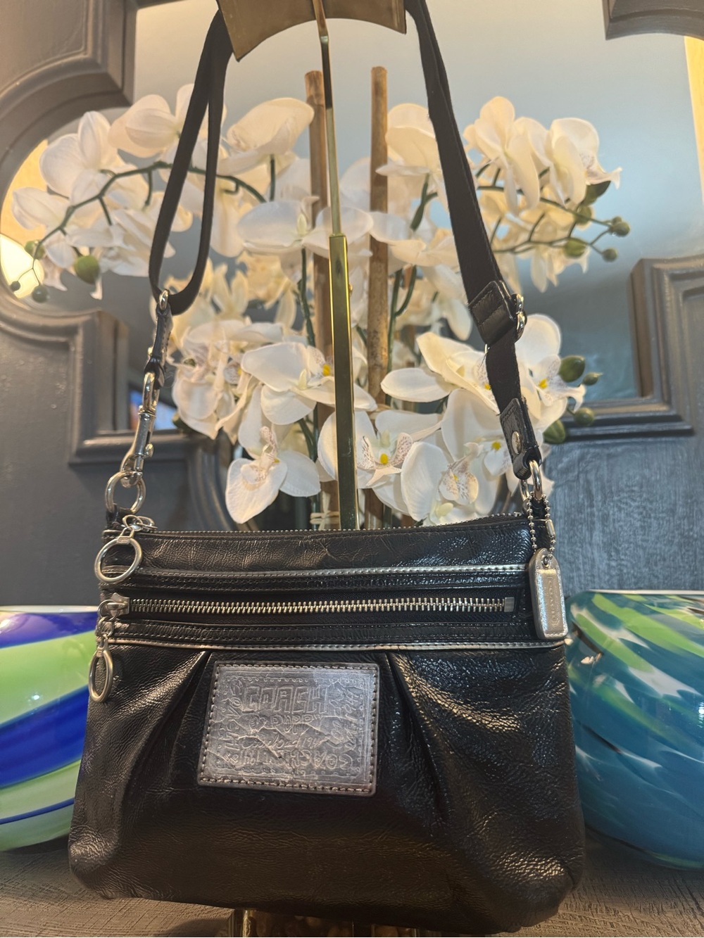 Coach Poppy Black Patent Leather Crossbody Bag Leopard Print Interior